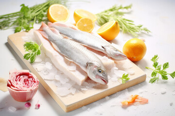 Fresh raw fish prepared for cooking on white background. Fish with aromatic herbs, spices and vegetables. Generative AI