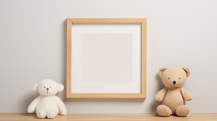 frame mockup with empty wooden horizontal frame, teddy beige teddy bear and wall for kids room in modern minimalist style