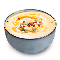 Sweet Potato Soup, Fresh Homemade Pumpkin, Sweet Potato, Carrot Soup in a Bowl on White Background