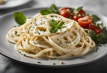 Plate of fettucini alfredo with garnish isolated on transparent background for menu side view