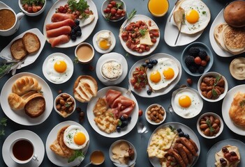Fototapeta na wymiar Set of various english breakfast plates isolated top view