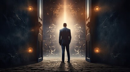 businessman or man from behind standing in abstract hole in wall with bright light, focus on mastering lighting technique