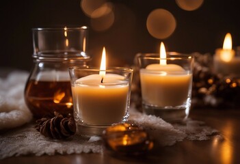 Obraz na płótnie Canvas Two isolated candles burning soy way candle in an amber glass jar and a cream colored tea light decor