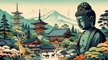 Serenity and Splendor: A Ukiyo-e Depiction of Ancient Nara with the Great Buddha and Sacred Deer - obrazy, fototapety, plakaty