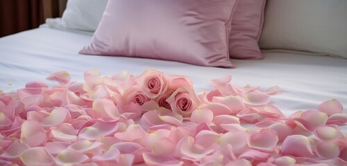 Fototapeta na wymiar Elegant bedspread decorated with soft, pastel-colored rose petals.