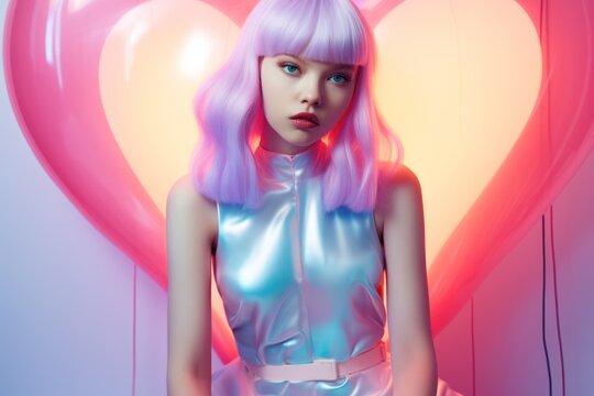 Portrait of a trendy young woman with pink bob hairstyle posing against a luminous neon heart background