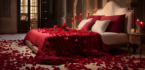 Elegant presentation of rose petals creating an inviting atmosphere on a bed.