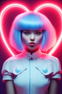 Stylized image of a woman with electric blue hair illuminated by large heart-shaped neon backlight
