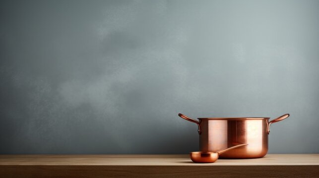  a large copper pot sitting on top of a wooden table next to a pot with a lid on top of a wooden table with a gray wall in the background.