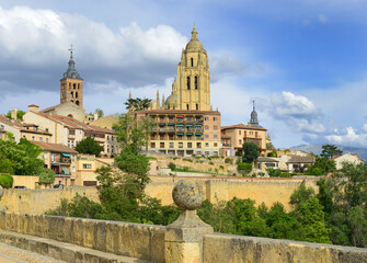 Segovia, Spain. The historic city of Segovia skyline with Catedral de Santa Maria de Segovia, Castilla y Leon. World Heritage Site by UNESCO