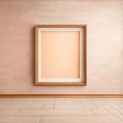 Close-up of an empty wooden frame with a natural grain pattern and a warm honey color, mounted on the wall next to a textured peach-colored wall with a stone tile floor in an empty room.

