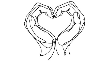 Single one line drawing hands making sign or symbol heart by fingers. Beautiful hands with copy space. - obrazy, fototapety, plakaty