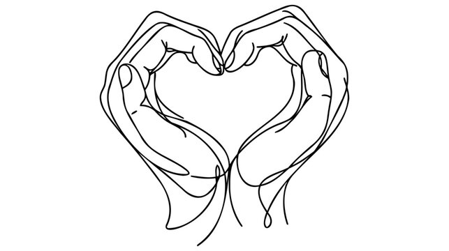 Single one line drawing hands making sign or symbol heart by fingers. Beautiful hands with copy space.