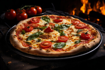 Top view of delicious pizza with salami and tomatoes on a board.