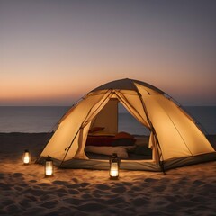 Beige Camping Tent illuminated by lanterns with the sea in the background
