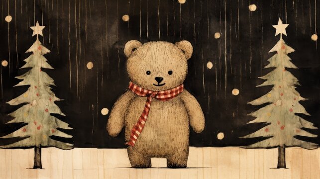  a painting of a teddy bear with a scarf around his neck standing in front of a christmas tree with snow falling on the ground and a black background with stars.