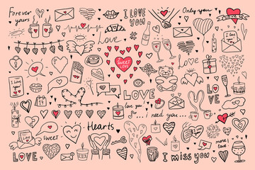 Cute set doodle vector elements with hearts, love letters, envelopes with heart icons for valentine's day cards, posters, wrapping and design. Isolated on Peach Fuzz background