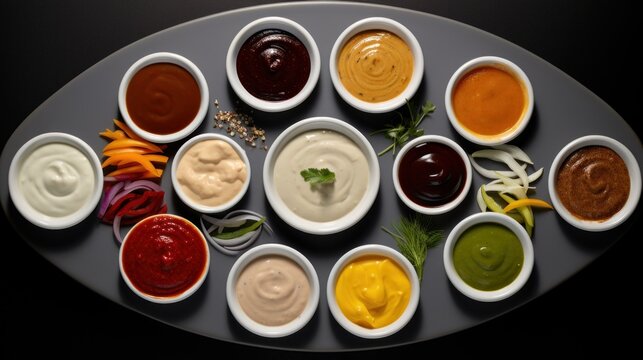  a platter filled with different sauces on top of a white plate on top of a black tablecloth covered in condiments and garnishes.