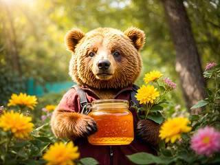 a cute bear holding a honey jar