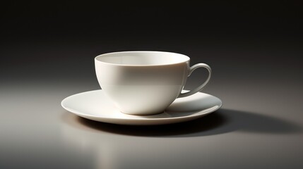  a white coffee cup and saucer sitting on a saucer on a gray surface with a shadow of the cup and saucer on the side of the plate.