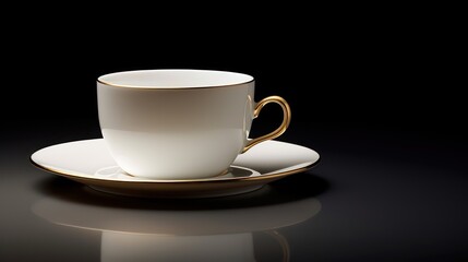  a white and gold coffee cup and saucer on a black surface with a reflection of the coffee cup and saucer on the side of the cup and saucer.
