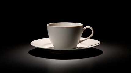Fototapeta premium a white coffee cup sitting on top of a white saucer on top of a white saucer on top of a white saucer on a black table with a black background.