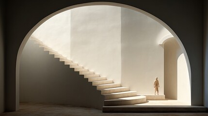  a person is standing at the top of a set of stairs in a room with a staircase leading to the top of the stairs, and a person is standing at the bottom of the top of the stairs.