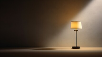  a lamp sitting on top of a table next to a light on top of a wooden stand with a lamp on top of it and a white wall behind it. - obrazy, fototapety, plakaty