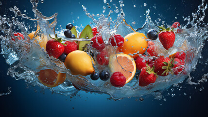 apples, tomatoes in water splash. Hyper realistic photo of vegetables, fruit falling into the water with geometric splashing. Creative art