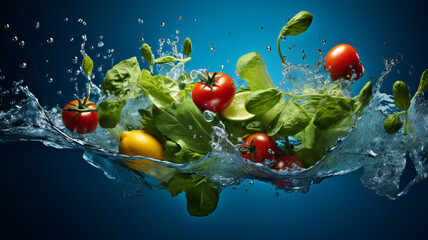 apples, tomatoes in water splash. Hyper realistic photo of vegetables, fruit falling into the water with geometric splashing. Creative art © Oleksandra