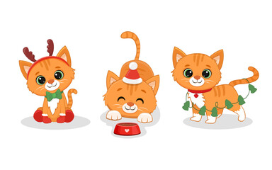 Cute cartoon red kitten Isolated on white. Christmas  Illustration for design, banners, children's books and patterns.  Funny Ginger cat in santa hat. Vector illustration