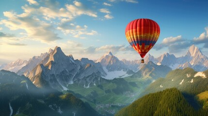  a red and yellow hot air balloon flying over a lush green hillside covered in snow covered mountains under a blue sky with clouds and a few white fluffy white clouds.