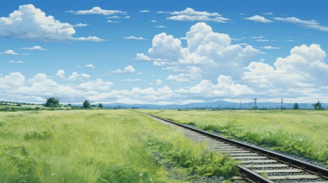  a painting of a grassy field with a train track in the foreground and a blue sky with white clouds in the background with green grass in the foreground.
