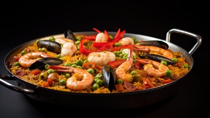 a close up of a pan of food with shrimp, mussels, peas, tomatoes, and broccoli on a black table with a black background.