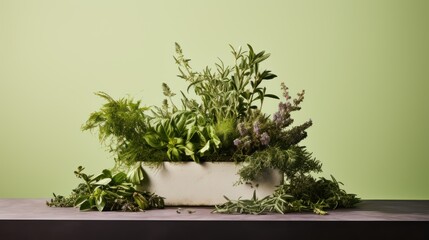  a potted plant sitting on top of a table next to a planter filled with lots of green and purple flowers and greenery on top of a wooden table.