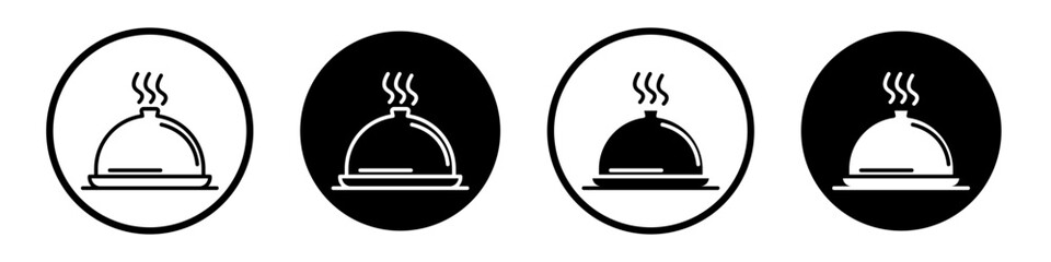 Tray of food icon set. waiter serve dinner tray vector symbol. restaurant, serving cover plate sign in black filled and outlined style.