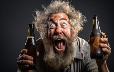 Funny excited middle aged man drinks a beer