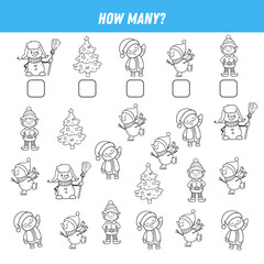 How many winter elements are there. Count the number. Christmas game. Math worksheet for kids. Vector illustration