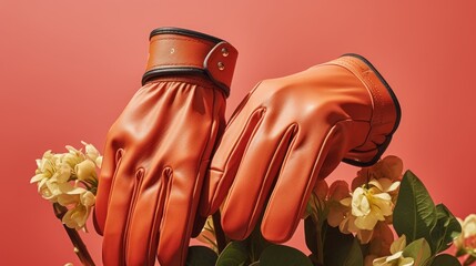  a pair of red leather gloves sitting on top of a bouquet of flowers on top of a pink background with a black leather wrist band and a black leather cuff.