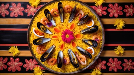 an overhead view of a bowl of food with shrimp and mussels on a black and red striped tablecloth with red and yellow flowers on a wooden table.