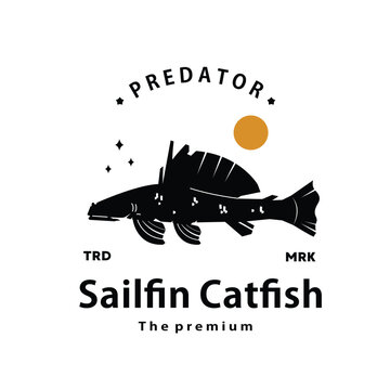 vintage retro hipster sailfin catfish logo vector outline silhouette art icon