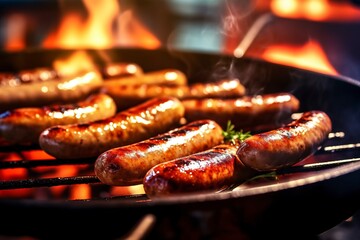 Delicious German pork sausages on the barbecue. - obrazy, fototapety, plakaty