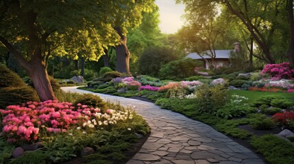  a pathway through a lush green park with lots of flowers on either side of it and a house on the other side of the path that is surrounded by trees.