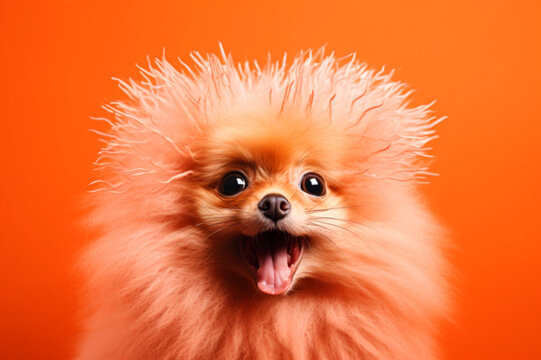Funny cute little dog on a background in Peach Fuzz color.