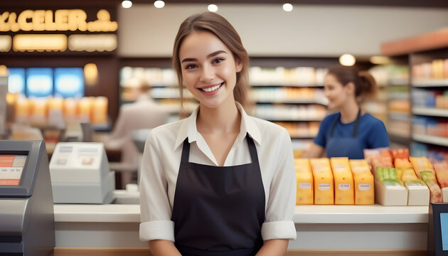 Young girl in her first job as a sales assistant and cashier in a supermarket.