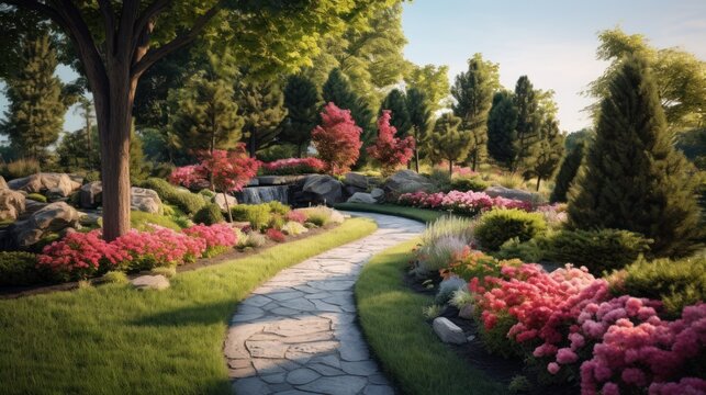  a painting of a path in a garden with flowers and trees on either side of the path is a stone path that runs through the center of a grassy area.