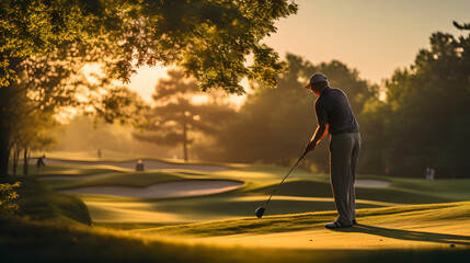 senior man swinging a golf club on a lush green golf course