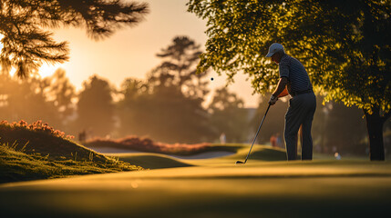 senior man swinging a golf club on a lush green golf course