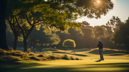 senior man swinging a golf club on a lush green golf course