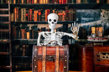 Skeleton with treasure chest holding skeleton keys in old library